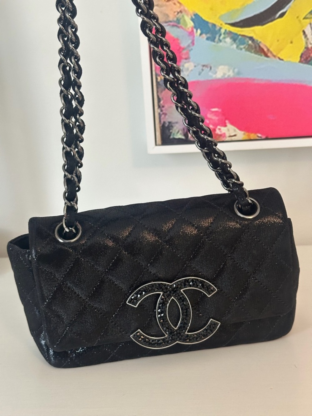 Chanel Quilted CC Crystal Black Leather Shoulder Bag with Chain Strap - Picture 3 of 16